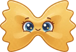 A smiling farfalle, the Pasta Drop mascot