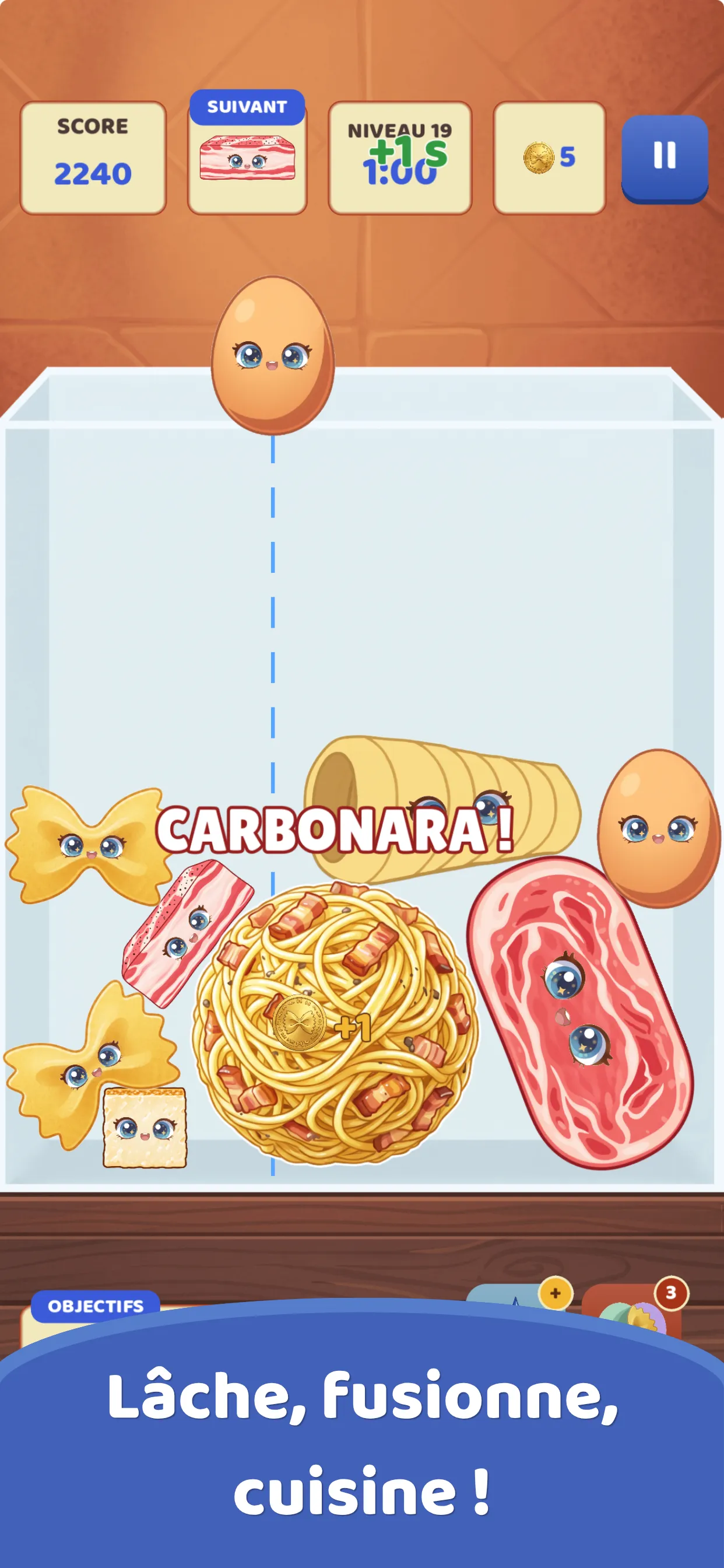 Partie de Pasta Drop : une Carbonara est servie dans le bocal, entourée d’œufs, de farfalle et de pancetta.