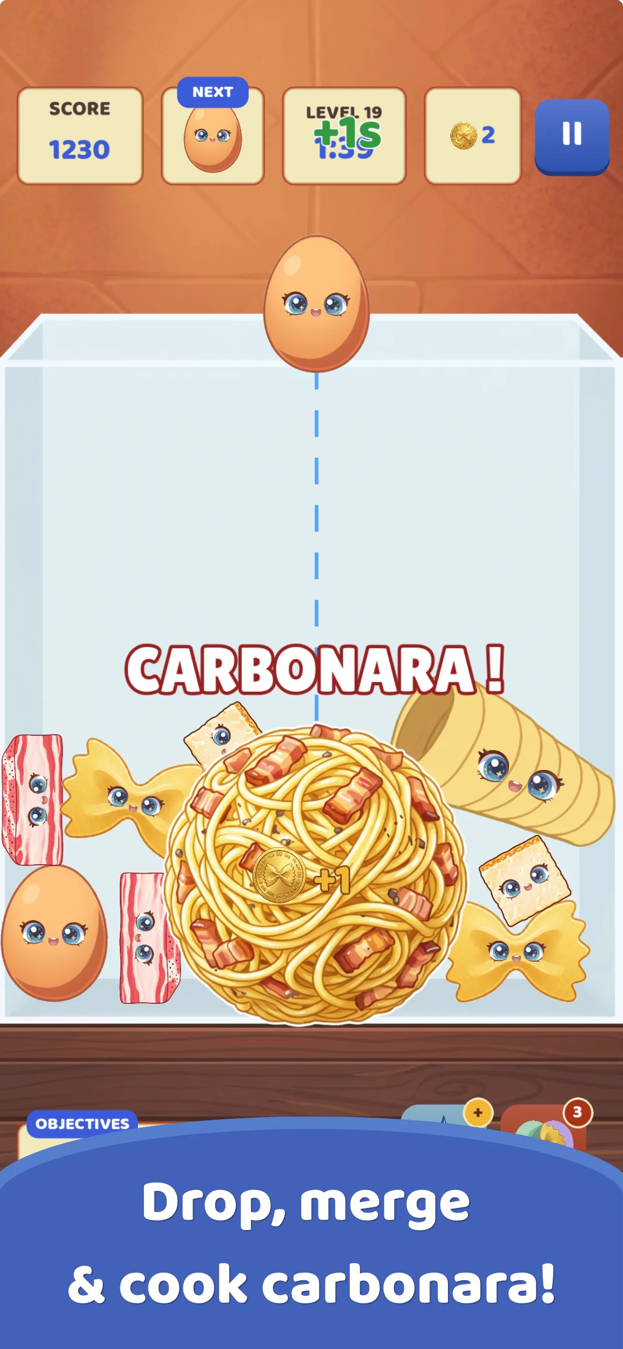 Pasta Drop gameplay: a Carbonara is served in the jar, surrounded by eggs, farfalle and pancetta.