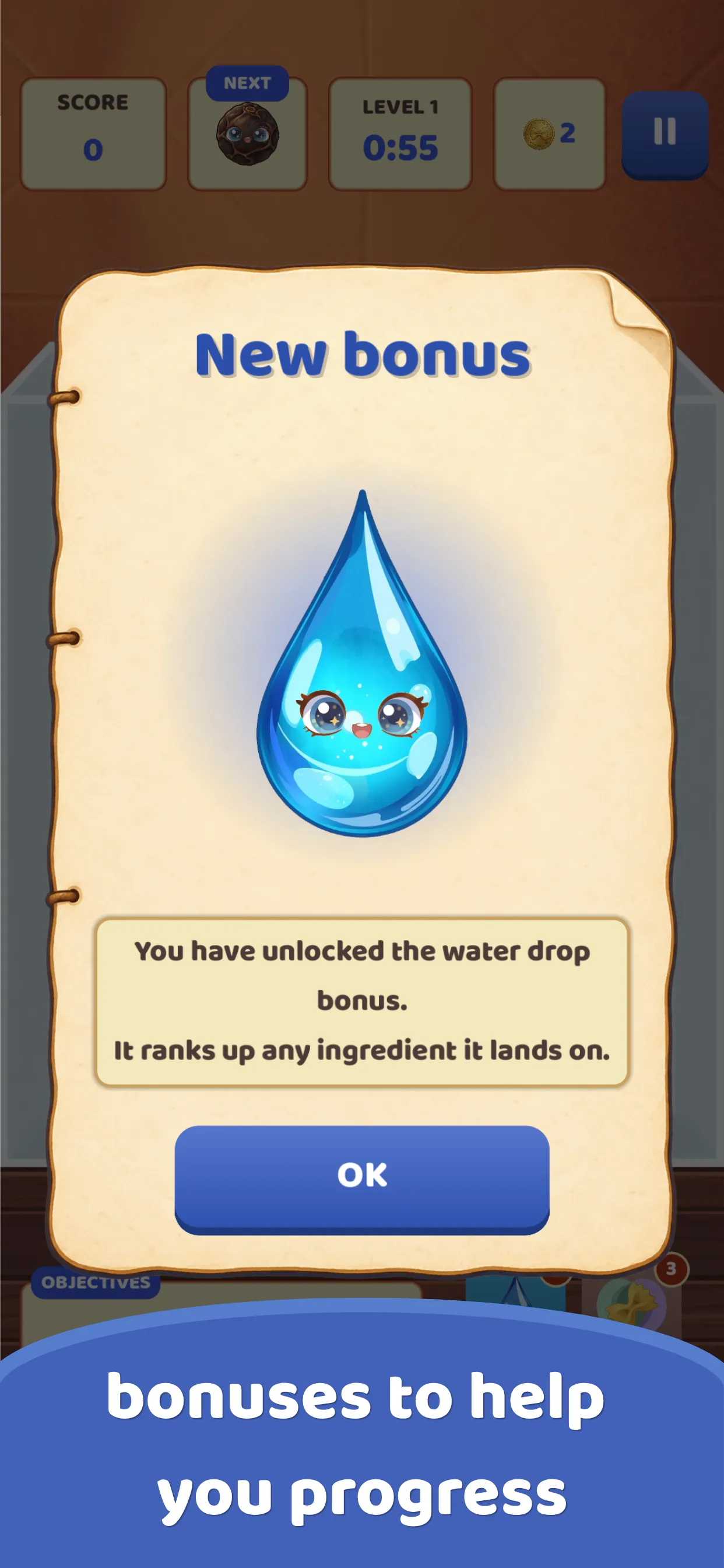 The water drop bonus is unlocked: it ranks up the ingredient it lands on.