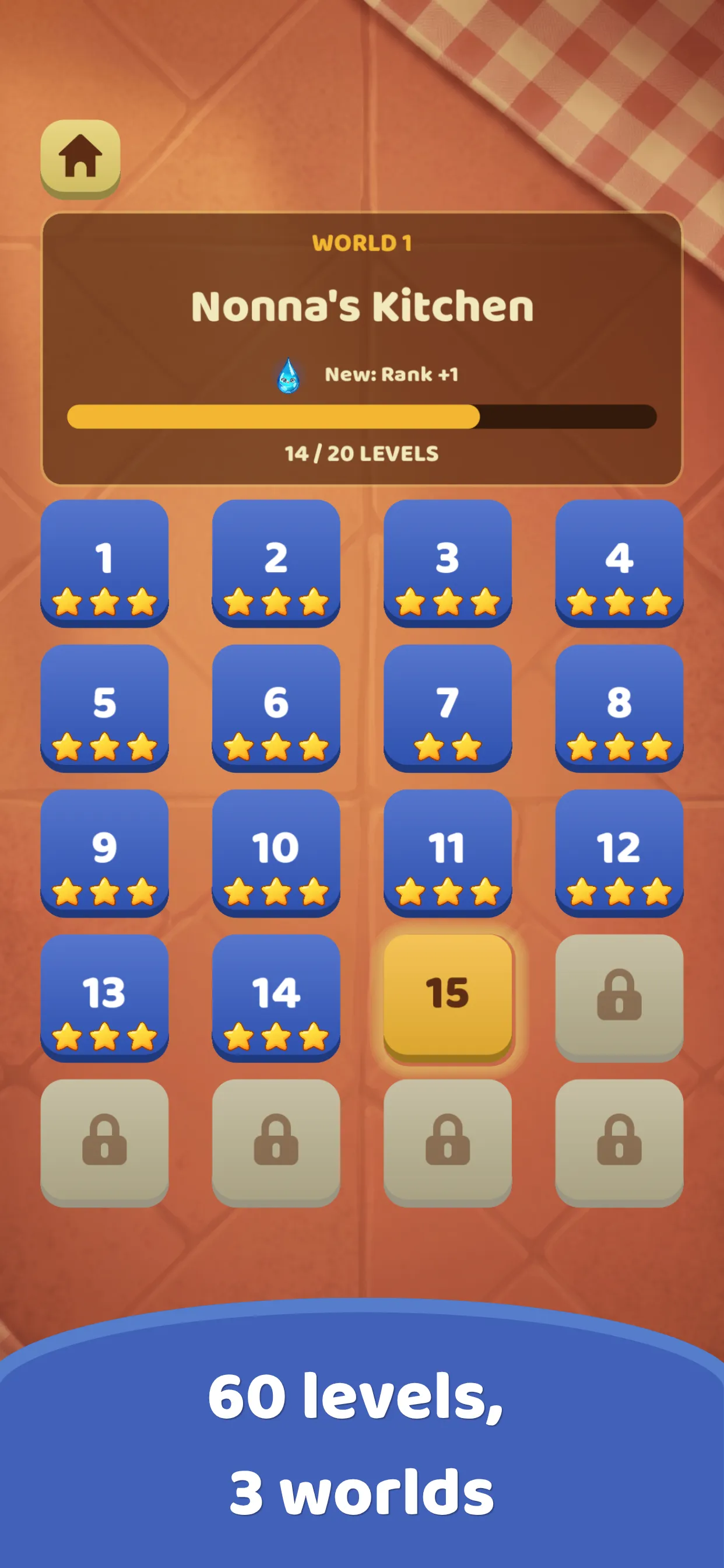 Level select for Nonna’s Kitchen, with stars earned on each level.